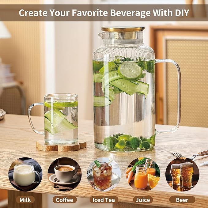 2 PACK Glass Pitcher with Lid And Handle, 84oz/2.5L Liter Classic Vertical Stripes Fridge Water Pitcher,Glass Water Carafe for Coffee, Lemonade, Iced Tea,Sun Tea, Beverage, Heat Resistant