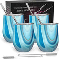 CHILLOUT LIFE 12 oz Stainless Steel Wine Tumblers 4 Pack - Double Wall Vacuum Insulated Wine Glasses Cups with Lids and Straws Set Keeping Cold & Hot for Coffee, Beer, Ice Cream - Ocean Marble Pattern