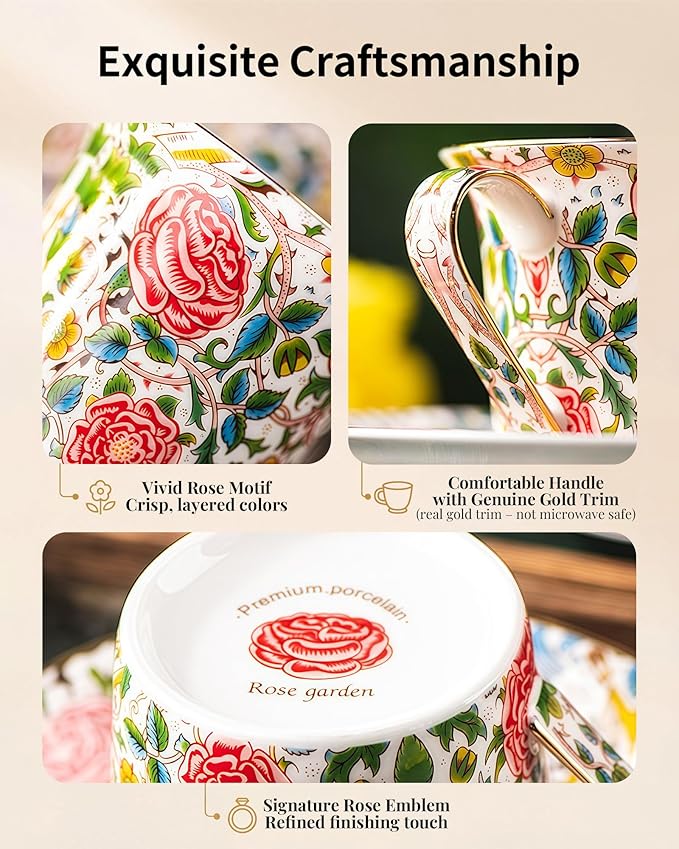 Exquisite Bone China Tea Cups and Saucer Set – Elegant Porcelain Tea Cups, Beautifully Detailed for Tea Lovers, Gift-Ready for Christmas, Hostess, Holiday Gift & Fall Decor
