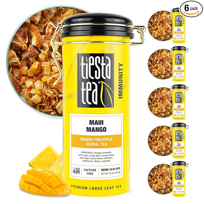 Tiesta Tea - Maui Mango, Loose Leaf, Mango Pineapple Herbal Tea, Premium Non-Caffeinated Blend, Make Hot or Iced, Brews Up to 50 Cups, 33 Ounce Refillable Tin, Pack of 6