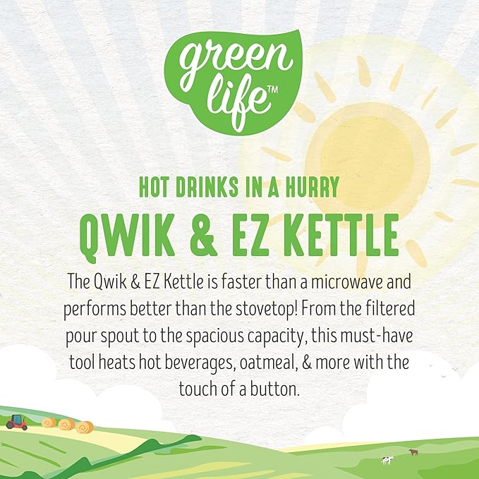 GreenLife 1.7 Liter Glass Electric Kettle, Easy One Touch Use, Quick Heating, Filtered Spout, LED Base, Auto Shut-Off, Cordless Serving, Coffee and Tea, White