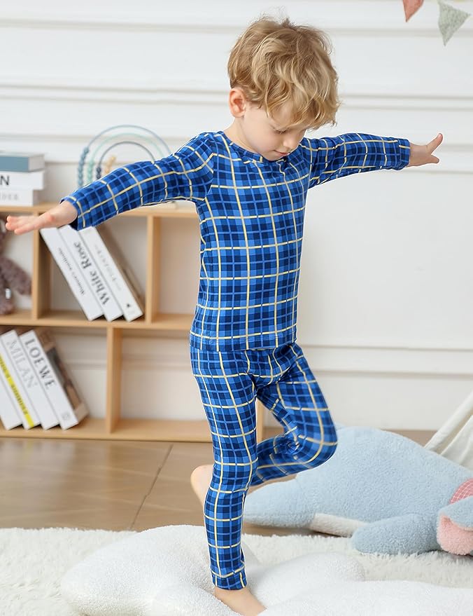 JunNeng Bamboo Viscose Pajamas for Toddler Boys, Baby Kids Diamond Pajamas Snug Fit Long Sleeve Sleeper