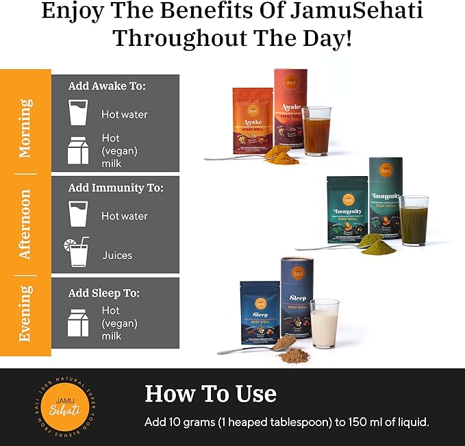 JAMUSEHATI, Variety Pack, Natural Superfoods Blend from Bali, Containing Awake, Immunity and Sleep, Pack of 3 Sachets
