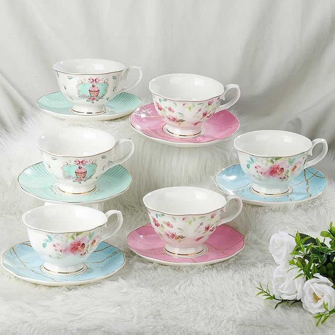 fanquare Rose Tea Cup and Saucer Set for 6, British Tea Cups Set for Gift, Multi-Color Flowers Porcelain Tea Service
