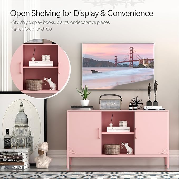Metal TV Cabinet with Doors and Shelves Modern Metal Storage Cabinet Coffee Bar TV Stand 2 Door Locker for Office Living Room Kitchen (Pink, 47.24" D x 13.78" W x 29.53" H)