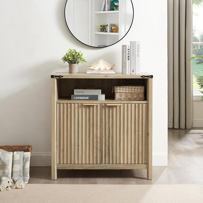 32 Inch Fluted Sideboard Buffet Cabinet with Storage, Modern Farmhouse Accent Credenza with Adjustable Shelves, Coffee Wine Bar Organizer for Kitchen, Living Room (Sunwashed Ash Oak)
