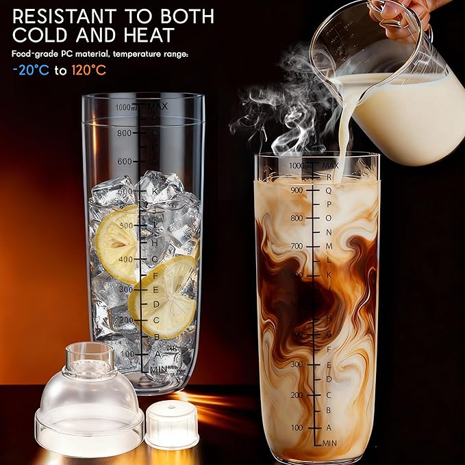 Plastic Cocktail Shaker with Measuring Scale 33oz (1000ml), Leak-Proof & Shatter-Resistant Drink Mixer for Bartending, Protein Shakes, Iced Coffee & Milk Tea