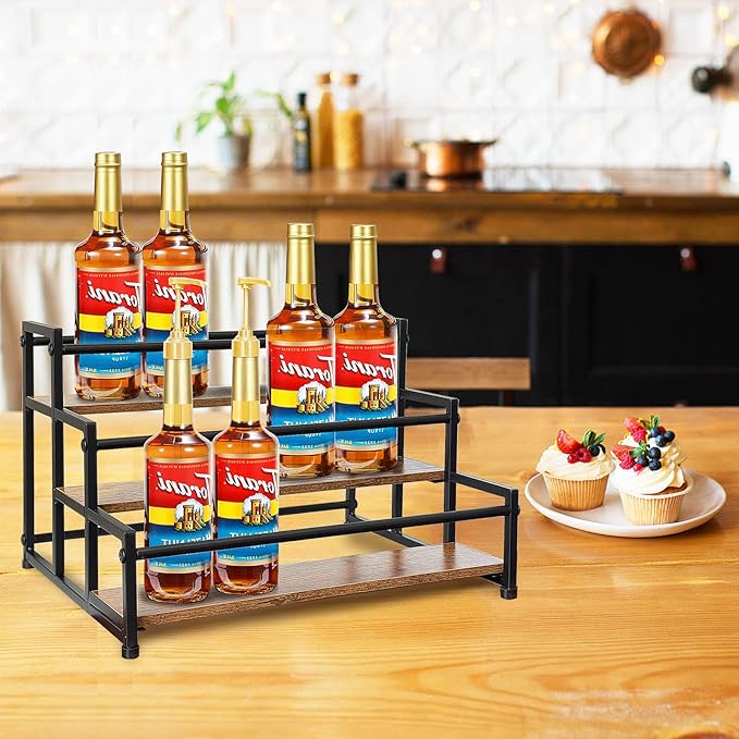 Klxuyuo 3-Tier Coffee Syrup Rack for 15 Bottles (750ml) –Sturdy Coffee Syrup Organizer for Bar, Kitchen, Café, Office
