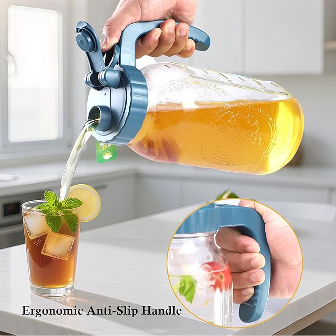 Half Gallon Glass Pitcher With Lid 64 Oz Wide Mouth Mason Jar Cold Hot Water Pitcher 2 Quart Sun Tea Glass Jar For Outside For Fridge Lemonade, Beverage,Milk,Juice, Cold Brew Iced Tea Container
