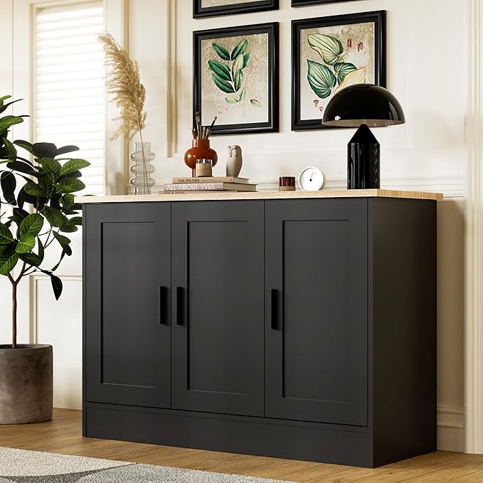 Anystyle 43" Black Buffet Cabinet with Black Handles, Small Kitchen Sideboard with 3 Doors & Adjustable Shelves, Modern Entryway Credenza & TV Console Table for Living Room, Dining Room