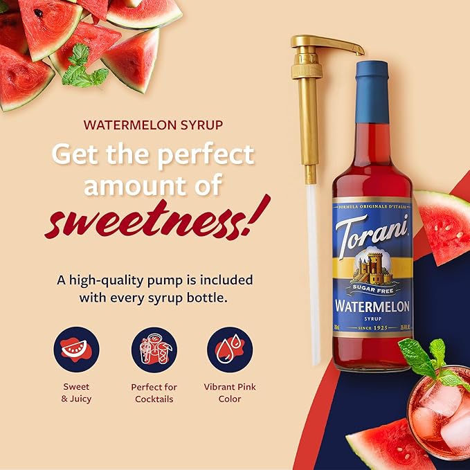 Torani Sugar Free Syrup, Watermelon Flavored Syrup for Drinks, Zero Calorie, Glass Bottle with Pump Included, 25.4 Fl Oz