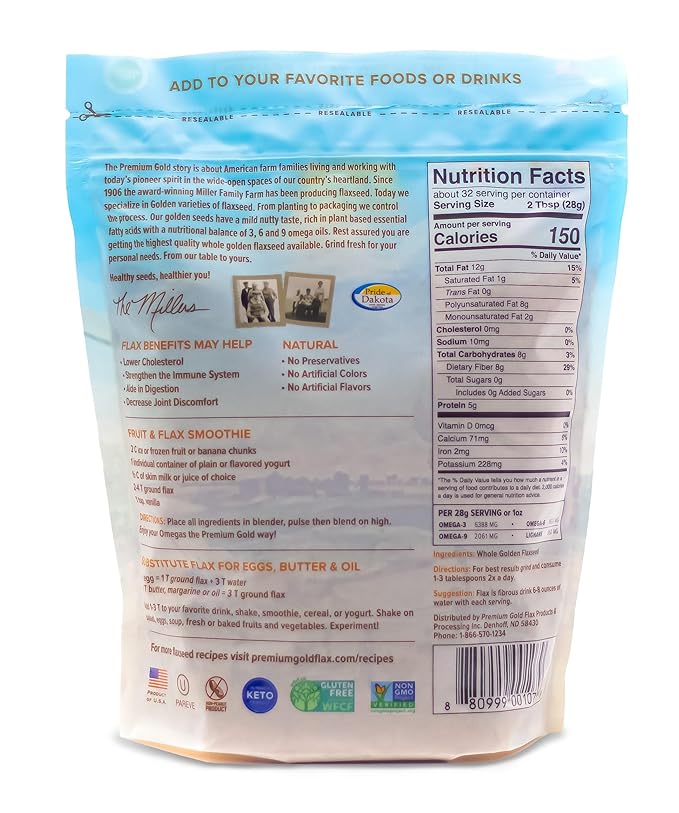 Premium Gold | Whole Flax Seed | 2 lbs. | Gluten-Free, Non-GMO, Kosher, Raw Seeds, Excellent Source of Fiber, Source of Omega-3, Plant-Based Protein, No Preservatives, No Additives