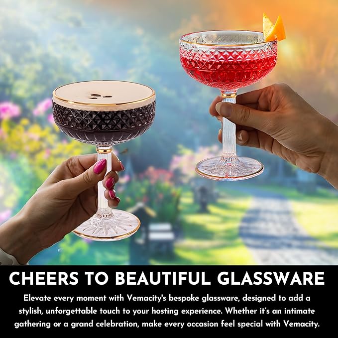VEMACITY - Embossed Coupe Glasses Set of 4 (10oz) | Vintage Espresso Martini Glasses with Gold Rims | For Champagne, Margarita, Cosmopolitan, Martini | Ideal for Christmas & New Years