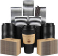 50 Pack 20 oz Coffee Cups with Lids, Disposable To Go Paper Coffee Cups with Sleeves and Stirring Sticks for Hot/Cold Drinks Office Home Shop Event (Black)