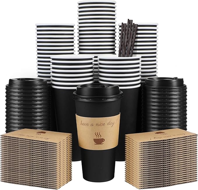 50 Pack 20 oz Coffee Cups with Lids, Disposable To Go Paper Coffee Cups with Sleeves and Stirring Sticks for Hot/Cold Drinks Office Home Shop Event (Black)