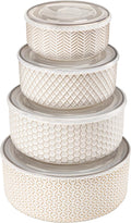 KooK Mixing Bowls, with Lids, Ceramic Nesting Bowls. Space Saving, Set of 4, Embossed, Kitchen, Prep, Stackable, Mix, Gift, Microwave and Dishwasher Safe, 16/29/47/70 oz, Narbonne Collection (Ivory)