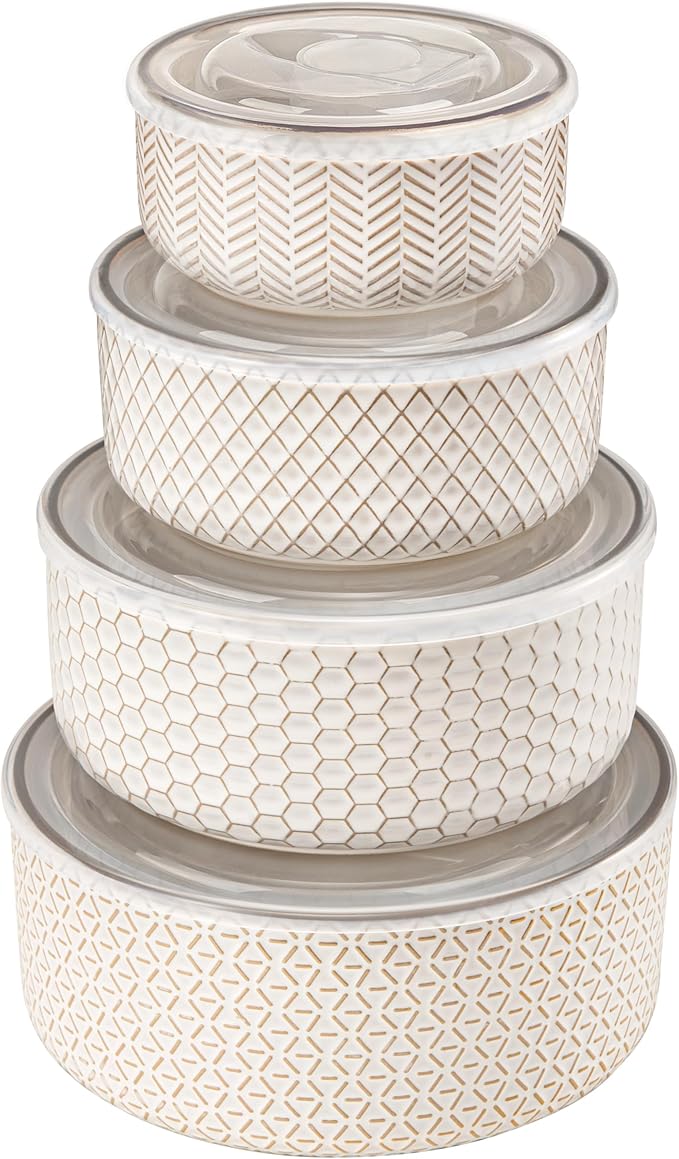 KooK Mixing Bowls, with Lids, Ceramic Nesting Bowls. Space Saving, Set of 4, Embossed, Kitchen, Prep, Stackable, Mix, Gift, Microwave and Dishwasher Safe, 16/29/47/70 oz, Narbonne Collection (Ivory)