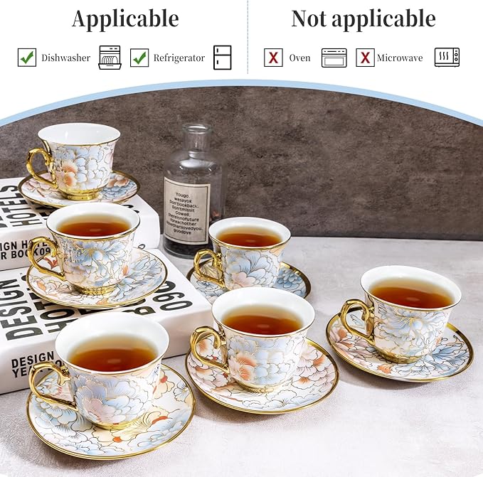 8 OZ Tea Cups and Saucers, 18 PCS Ceramic Vintage Tea Cups Set of 6, Blue Floral Cup Bulk for Cappuccino Coffee Espresso Lattes Afternoon Tea Housewarming Party Supply Thanksgiving Christmas Gifts