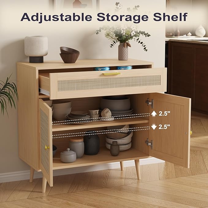 Rattan Sideboard Buffet, Boho Kitchen Cabinet with Drawer & 2 Doors, Modern Mid Century Accent Cabinet with Adjustable Shelf,Coffee Bar for Living Room, Entryway, Kitchen, Oak