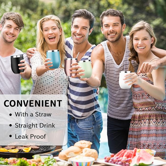 12oz/4 Pack Stainless Steel Wine Tumbler with Lids, Double WallVacuum Stainless Steel Travel Tumbler,Insulated Wine GlassesTravel Tumbler for Cold & Hot Drinks,Cup for Champaign Coffee(Light color)