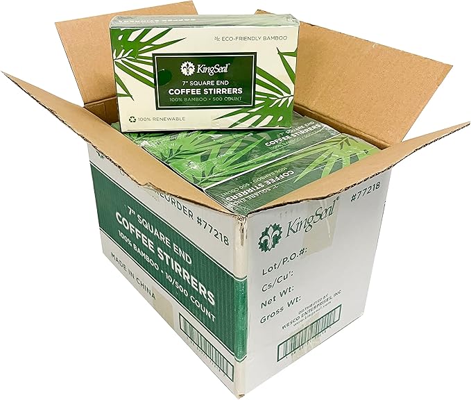 1000 Count | KingSeal Bamboo Wood Coffee Stirrers, Square End, 7 inch Length, 100% Renewable and Biodegradable - 2 Boxes x 500 Stirrers