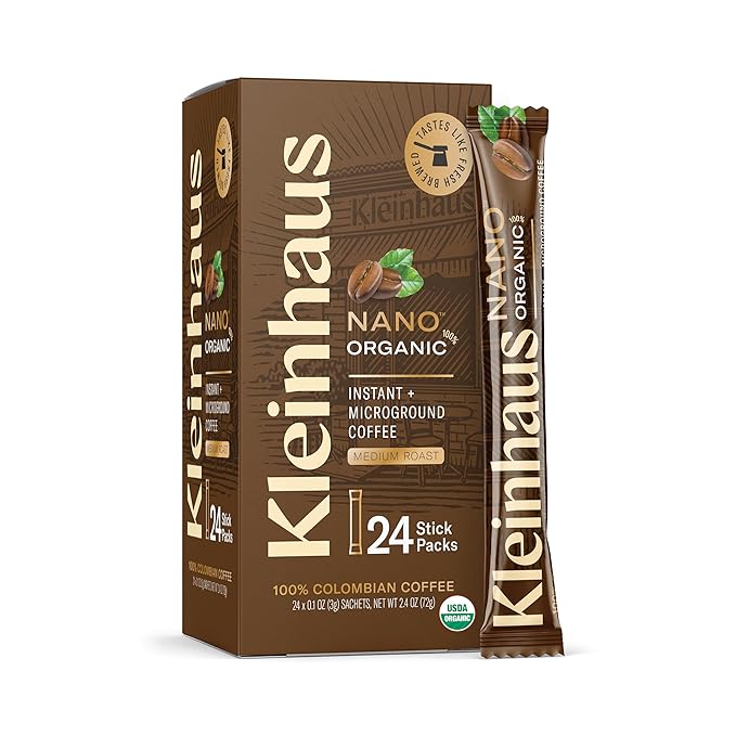 Kleinhaus Organic Medium Roast Nano Single-Serve Instant Coffee + Microground | 100% Colombian Arabica Coffee | Freeze dried | Fresh Brewed Taste | 24 Packets