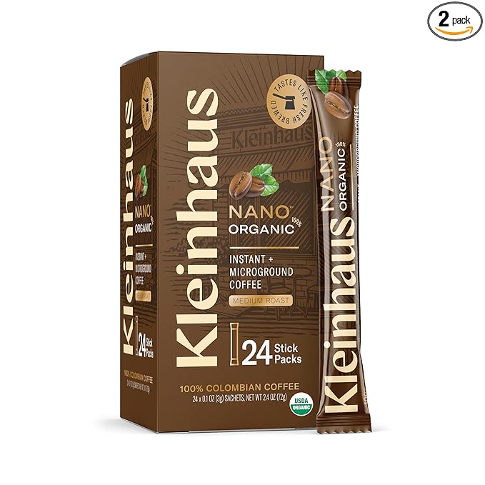 Kleinhaus Organic Medium Roast Nano Single-Serve Instant Coffee + Microground | 100% Colombian Arabica Coffee | Freeze dried | Fresh Brewed Taste | 2 X 24 Packets
