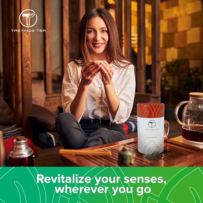 Tastings Tea English Breakfast Tea Bags - 15 Biodegradable Pyramid Sachets | Black Tea Blend with Assam & Nilgiri Flavor | Natural Caffeinated Tea