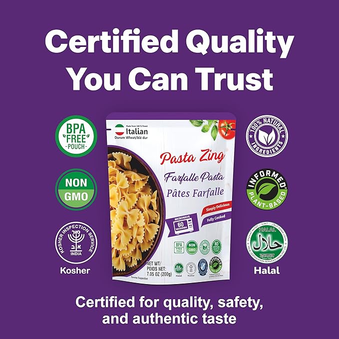 Pasta Zing Farfalle Pasta, Authentic Italian Al-Dente Texture, Ready in 1 Minute, 14g Protein 4g Fiber, Made with 100% Durum Wheat, Zero Sodium, Clean Label Shelf-Stable, 7.05 oz Pouch, Pack of 7