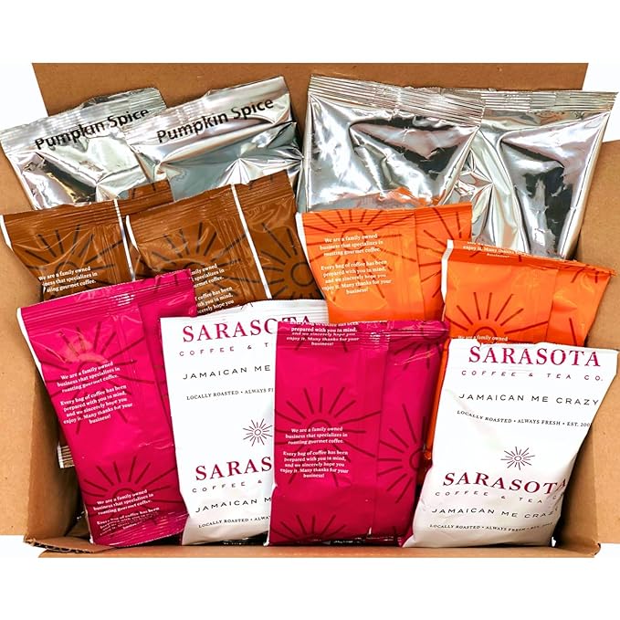 Coffee Gift Set Sampler – Flavored Ground Variety Pack | Medium Roast Low Acid Mold-Free Packets | Gourmet Pre-Measured 2oz Bags for 12 Cup Drip Makers, 12-Count – Sarasota