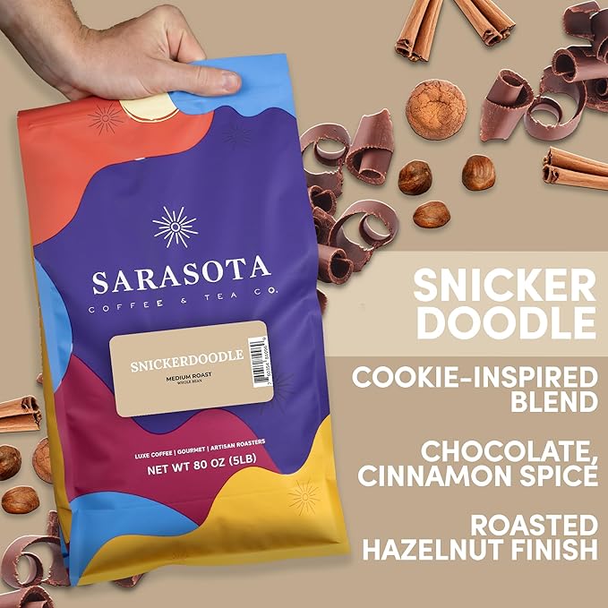 Sarasota Coffee Whole Bean Snickerdoodle Sugar Cookie | Medium Roast Gourmet Flavored Coffee Beans | Low Acid, Mold Free, Specialty Grade Bulk Coffee Beans | 5lb (80 oz)