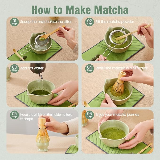 Matcha Whisk Set 9 Pcs | 19oz Ceramic Matcha Bowl with Bamboo Whisk & Holder, Sifter, Chashaku Scoop, Wooden Spoon, Scoop Rest, Tea Towel & Gift Box | Complete Matcha Kit for Matcha Lovers