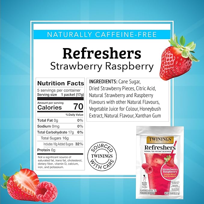 NEW Twinings Strawberry Raspberry Refreshers, Herbal Tea Instant Beverage with Real Strawberry Fruit Bits, 5 Count (Pack of 6), Café Style, No Artificial Sweeteners, Naturally Caffeine-Free, 30 Packets