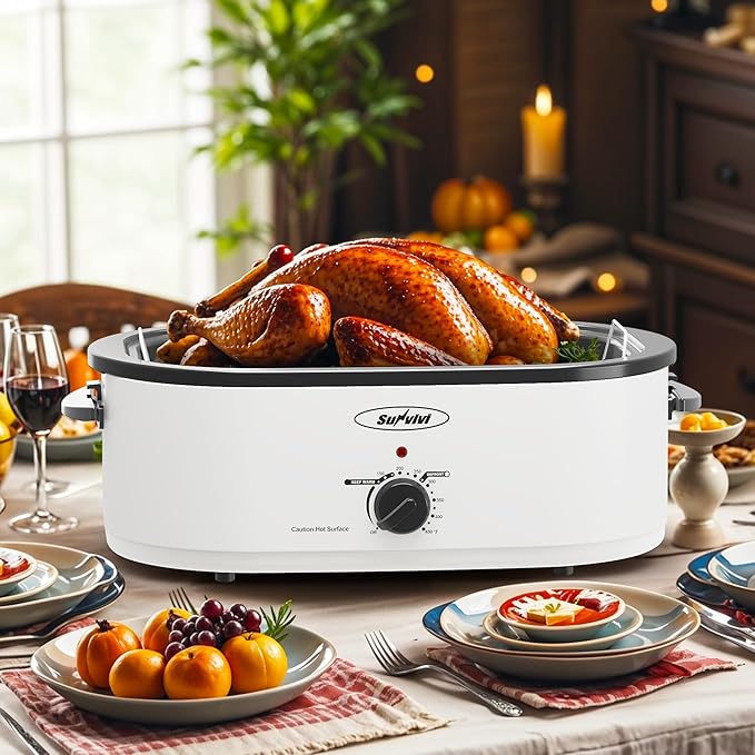 Sunvivi Electric Roaster,20 Quart Roasting Oven with Self-Basting Lid Removable Pan,Turkey Roaster Oven with 150 to 450F Temperature Control Cool-Touch Handles,White
