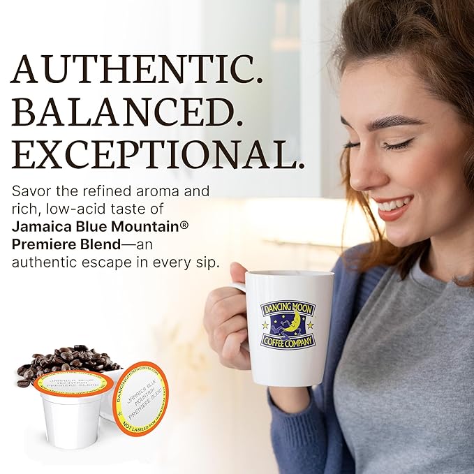 Dancing Moon Coffee Pods - Premiere Blend Jamaica Blue Mountain Coffee Beans, Medium Roast, Compatible with Keurig KCup Brewers, Small-Batch Crafted