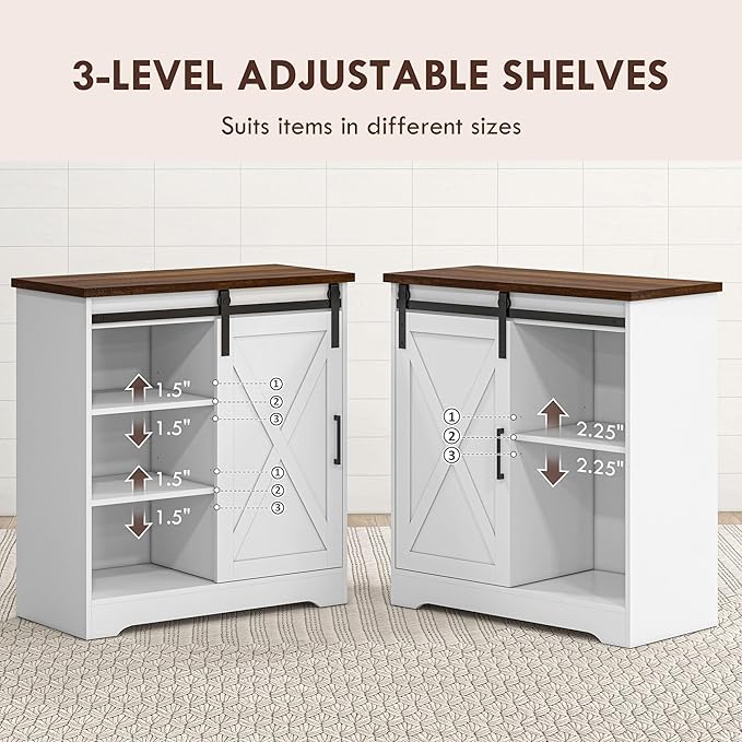 HOMCOM Farmhouse Coffee Bar Cabinet, 33" Buffet Sideboard with Sliding Barn Door and Adjustable Shelf, Kitchen Buffet Cabinet, White