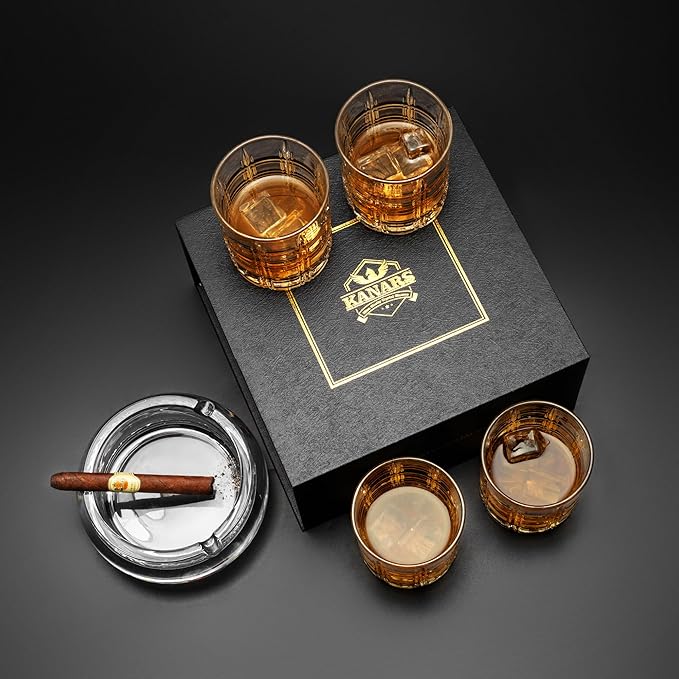 KANARS Crystal Whiskey Glasses - 10 Oz Rock Glasses in Luxury Gift Box - Set of 4 Lowball Bourbon Glass Tumbler for Birthday, Wedding Anniversary, Christmas and Retirement