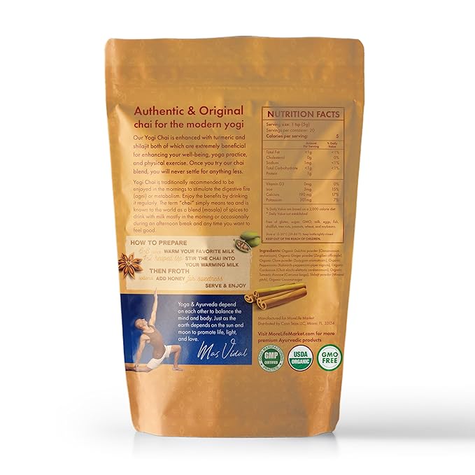 MoreLife Market Yogi Chai | Ayurvedic Turmeric & Shilajit Blend for Digestion, Immunity & Calm | Organic Herbal Tea Powder for Wellness | Caffeine-Free Traditional Indian Chai - 8oz (230g)