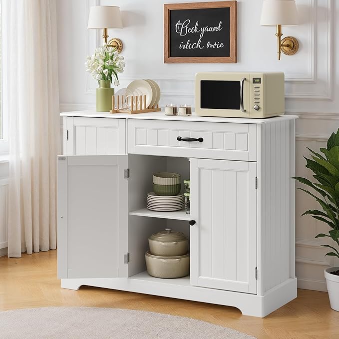 Ahomly Buffet Cabinet with Storage - 42'' Large Kitchen Storage with Shelves and Doors, Modern Coffee Bar Cabinet for Kitchen, Dining Room, Living Room, White