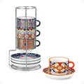 vancasso 4 Oz Stackable Espresso Cups with Saucers and Metal Stand Set of 4,Bohemian Ceramic Cappuccino Cups - Microwave and Dishwasher Safe, Perfect For Tea, Espresso, Latte, Cafe-02