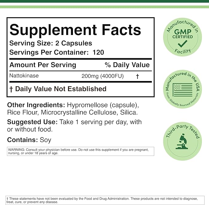 Nattokinase Supplement 4,000 FU Servings, 240 Capsules (Derived from Japanese Natto) Systemic Enzymes for Cardiovascular and Circulatory Support by Double Wood