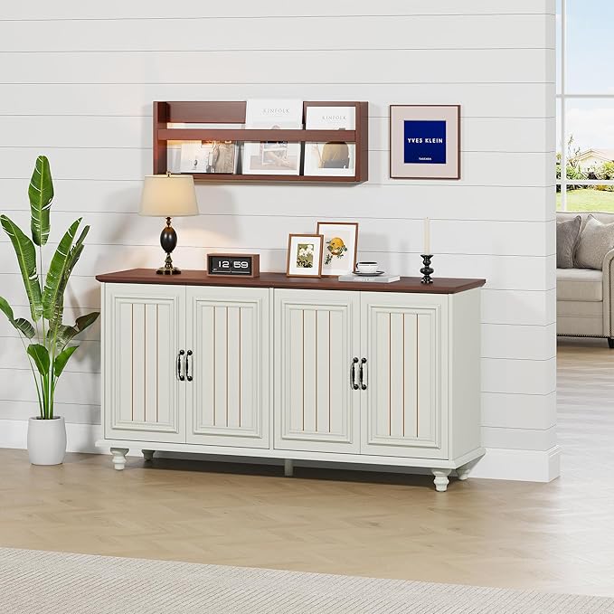 59" Sideboard Buffet Cabinet with Storage, Large Retro Credenza with 4 Doors & Adjustable Shelves Wood Rectangular Coffee Bar Table Console for Kitchen, Living Room, Hallway, Entry (Beige)