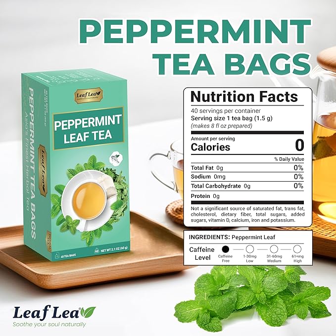 LeafLea 40 Peppermint Tea Bags, Natural Peppermint Leaf Herbal Tea with Cool Taste, Te De Menta for Gentle Digestive Support, Te De Hierba Buena, Caffeine-Free, Sugar-Free, Vegan, Individually Wrapped
