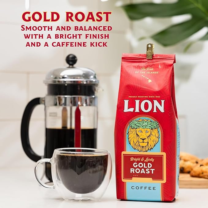 Lion Coffee Gold Roast Whole Bean Coffee, Medium-Light Roast, A Taste of Aloha - 24 Ounce Bag