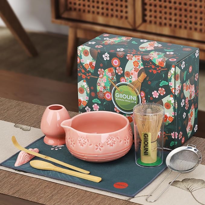 Matcha Whisk Set, Ceramic Bowl with Spout, Bamboo Matcha Whisk & Spoon, Chasen Holder, Scoop Rest, Sifter, 8-Pcs Japanese Ceremony Matcha Powder Kit–Christmas Gift for Women-Pink