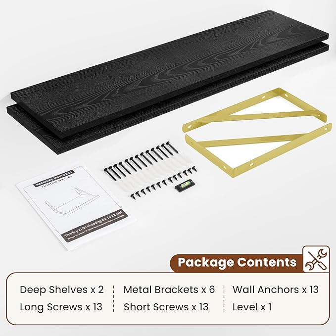 Deep Wall Shelves 55"W x 12"D Engineered Wood Floating Shelves for Wall, Sturdy Metal Bracket(Gold) Bookshelves Home Decor Storage for Living Room Bedroom Bathroom Kitchen, Set of 2, Black Finish