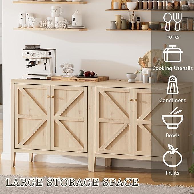 Wood Sideboard Buffet Cabinet with Doors - Farmhouse Kitchen Storage Cabinet, Coffee Bar Console Table with Adjustable Shelves, Buffet Table for Living Room, Hallway (White Oak, 1 PC)