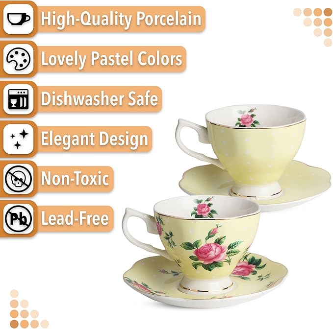 BTaT- Floral Tea Cups and Saucers Set of 2 (8 oz), Porcelain Tea Cup Sets, Pastel Yellow Color with Gold Trim, Dishwasher Safe