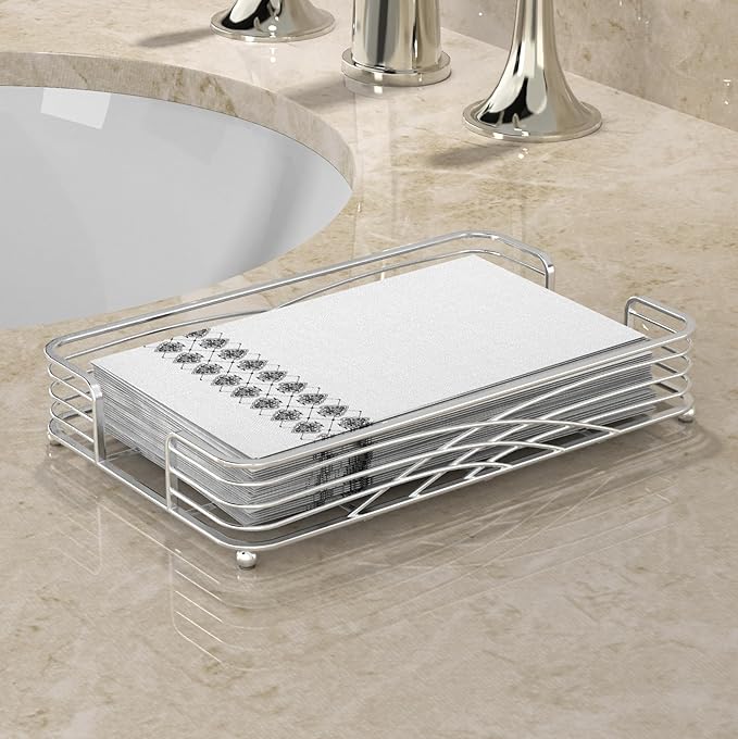 Silver Guest Towel Holder Tray for Bathroom – Countertop Napkin Organizer for Disposable Paper Towels, Elegant Hand Towel Rack for Powder Room, Modern Guest Bathroom Accessories