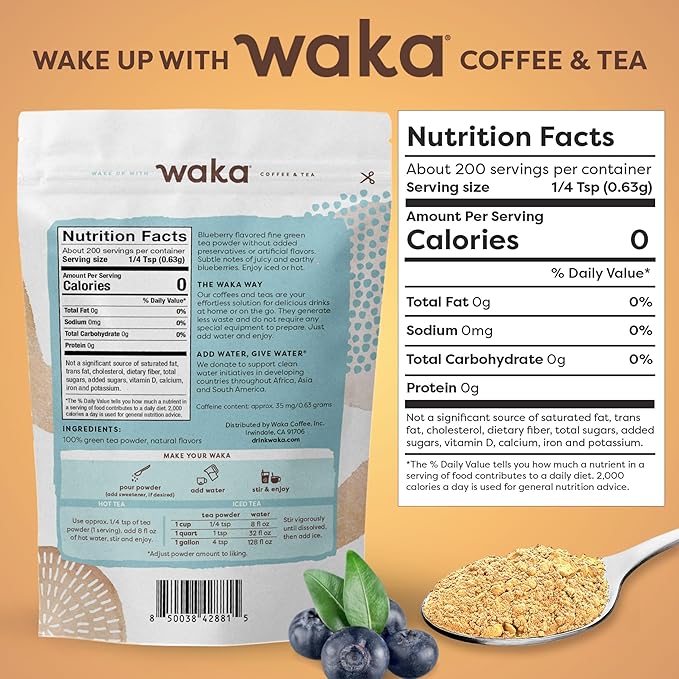 Waka Instant Green Tea Mix, Blueberry Flavored - 100% Tea Leaves, No Additives, Unsweetened Tea Powder in Bulk Pouch – Easy Quick Hot and Iced Teas, Up to 200 Cups (4.5oz)